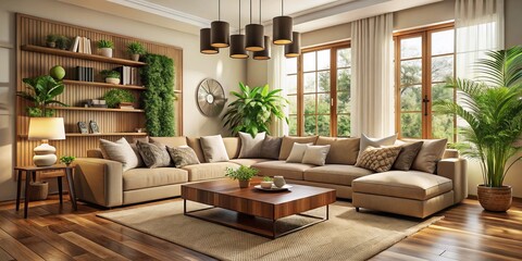 cozy contrasts symmetrical layout comfortable sectional sofa warm beige walls rich wood accents lush greenery minimalist decor soft natural light inviting atmosphere