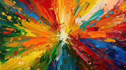 Abstract painting with a mix of colors in a radial pattern, with drips, streaks and splatter.