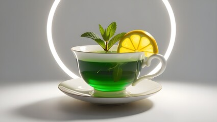 Tea in Cup with Mint Leaf and Lemon, Isolated on White Background"