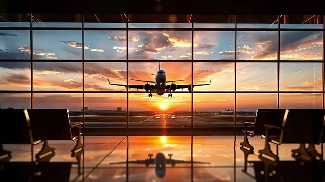 Silhouette of an airplane taking off at sunset, viewed through airport windows.