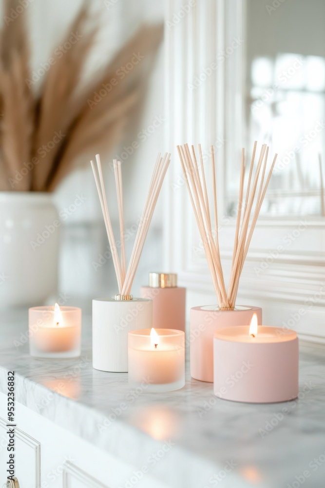 Poster a serene arrangement of candles and reed diffusers on a stylish marble surface, perfect for creating