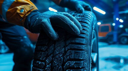 A professional mechanic in gloves changes a tire on the background of an automobile workshop
