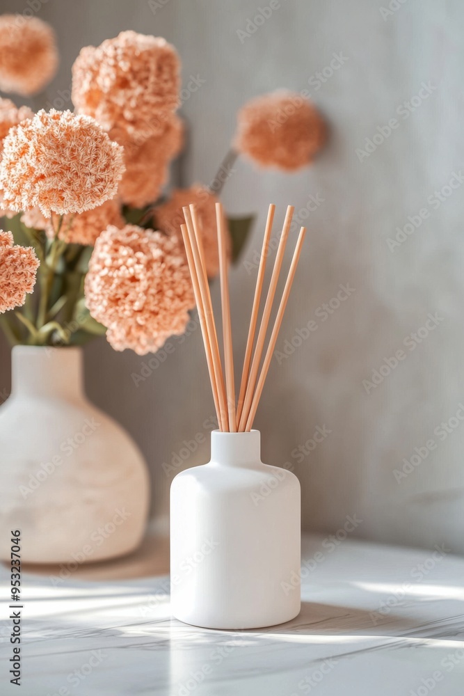 Poster a serene display featuring a white diffuser surrounded by soft pink flowers, enhancing calmness in a