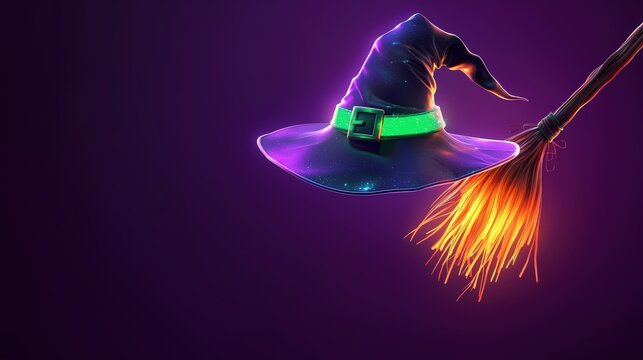 Glowing Witch Hat and Broomstick with Vibrant Neon Halloween Lights