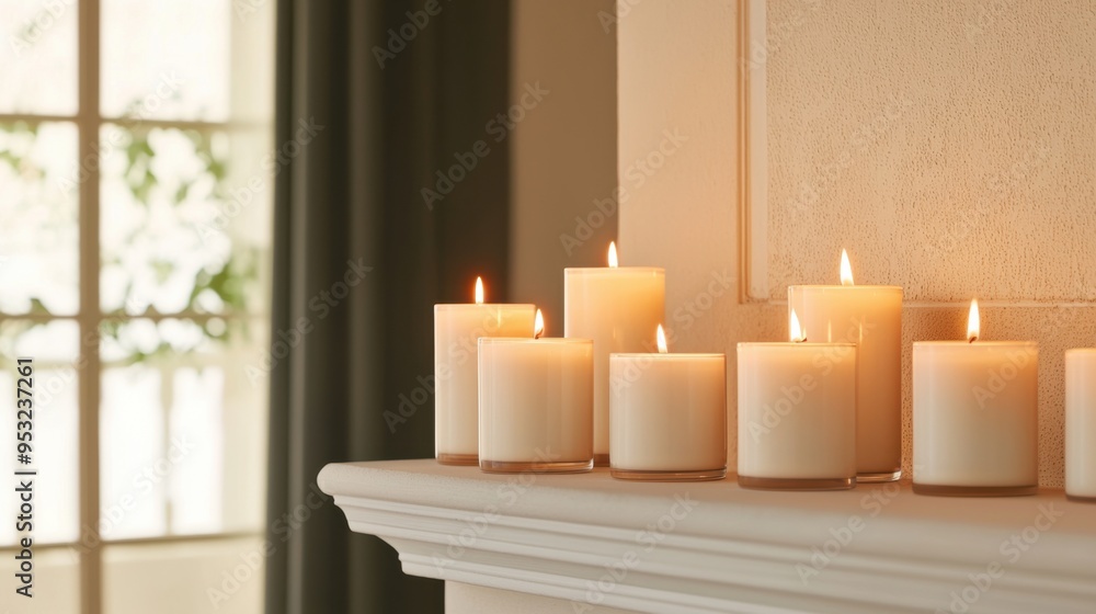Poster a serene display of lit candles on a shelf, creating a warm and inviting atmosphere in a cozy interi