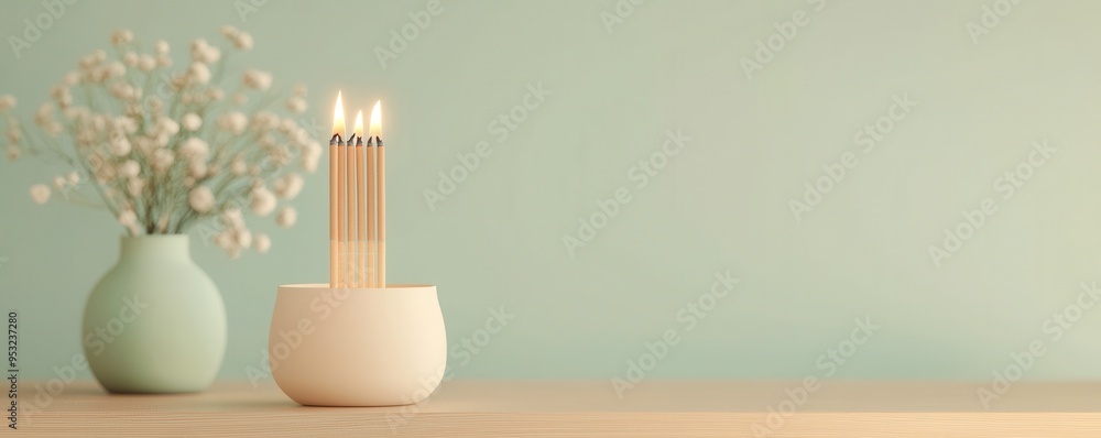 Poster a serene setting with lit candles and a delicate bouquet, perfect for creating a calming atmosphere 