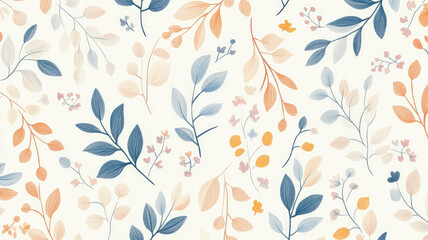 hand-drawn seamless pattern of pastel-colored leaves and small flowers, creating a whimsical and fresh aesthetic, high quality photo