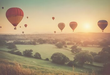 Obraz premium Colorful hot air balloons soaring over a stunning landscape at sunset in a picturesque valley