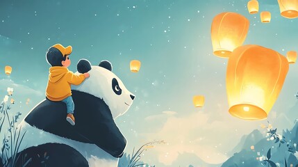 Adventures with Panda: Boy Watching Lantern Festival in Cartoon Style Illustration for Children's Book