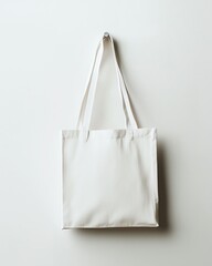 Blank white tote bag hanging on a white wall.