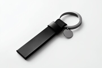 Black leather keychain with silver ring and tag.