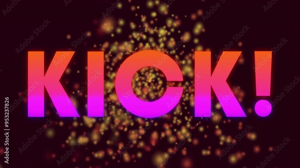 Poster kick! text animation with glowing particles on dark background