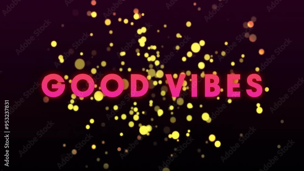 Poster good vibes text animation over yellow bokeh lights on dark background