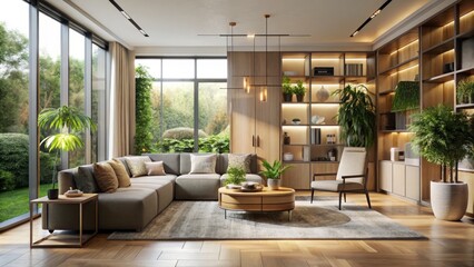 Cozy Minimalist morning light pours through floor-to-ceiling windows onto sleek modern storage furniture in neutral tones with natural textures, lush greenery, and soft golden accents.