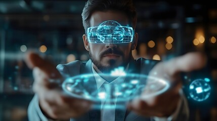 Fototapeta premium Man In Virtual Reality Headset Interacting With Holographic Globe