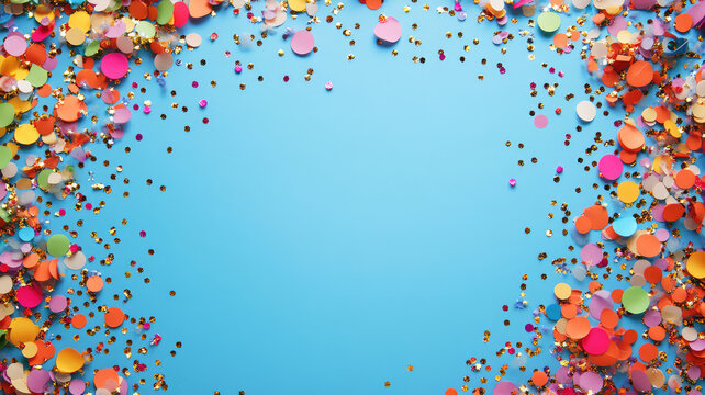 blank frame background with confetti glitter and sparkles color colorful anniversary milestone celebration jubilee party with copy space banner, high definition photo