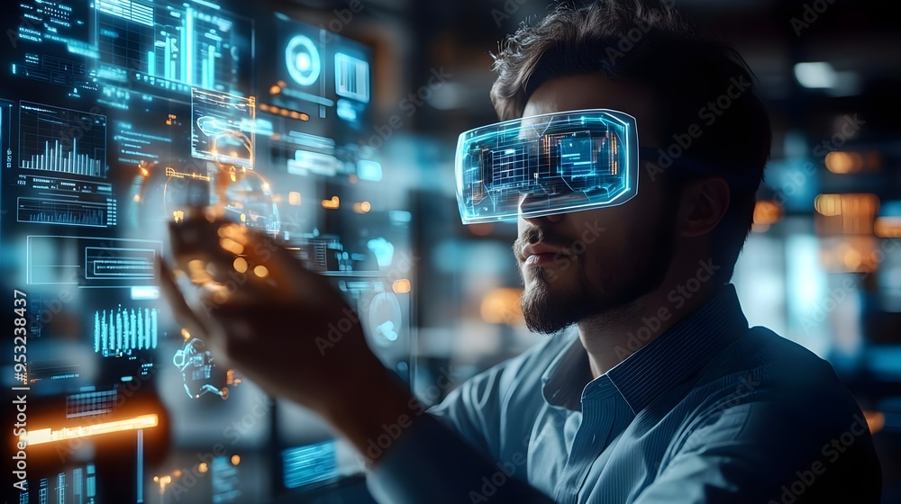 Poster man in vr headset analyzing data - futuristic technology