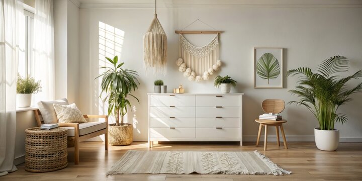Cozy minimalist retreat features IKEA Malm dresser in crisp white, jute rug, and macrame wall hanging in soft natural light, evoking serenity and calmness.