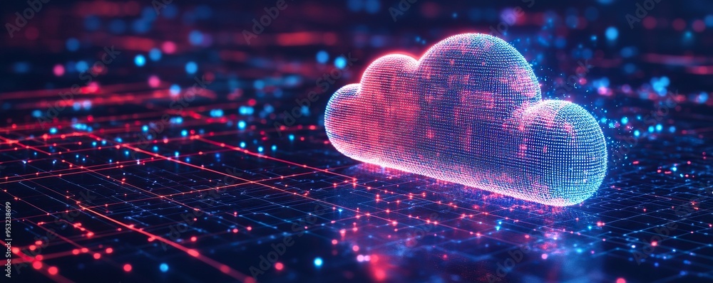 Aufkleber A 3D Rendered Cloud Shape Composed of Light Particles on a Blue and Red Grid