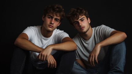Obraz premium Double Trouble: Twin Young Men in Casual Attire Against a Plain Black Background