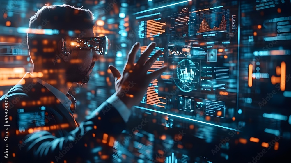 Poster man in vr headset interacting with digital interface