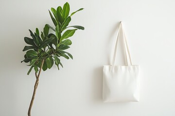 Blank canvas tote bag hanging on a tree branch against a white wall.