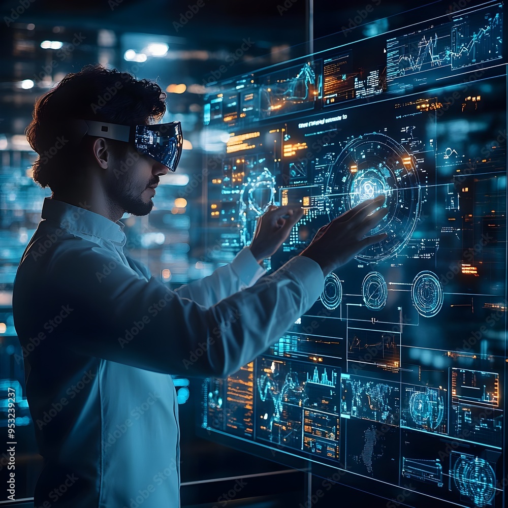 Poster man in vr headset interacting with futuristic interface