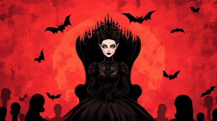 Gothic Vampire Woman in Black Dress with Bats and Red Moon