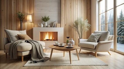 Fototapeta premium Cozy morning ambiance soft focus Scandinavian minimalist white oak paneling