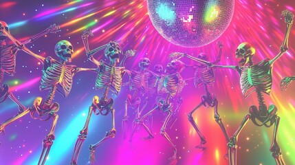 Dancing skeletons under disco ball with colorful lights