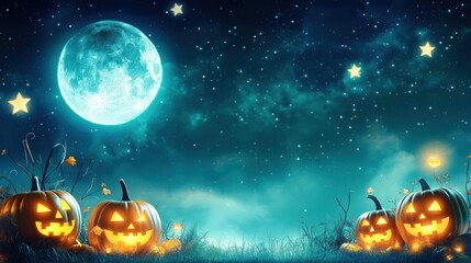 Naklejka premium Halloween night with glowing jack-o'-lanterns and full moon