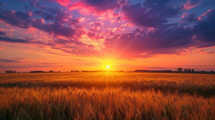 Sunset Over a Field of Golden Wheat with Pink and Purple Clouds