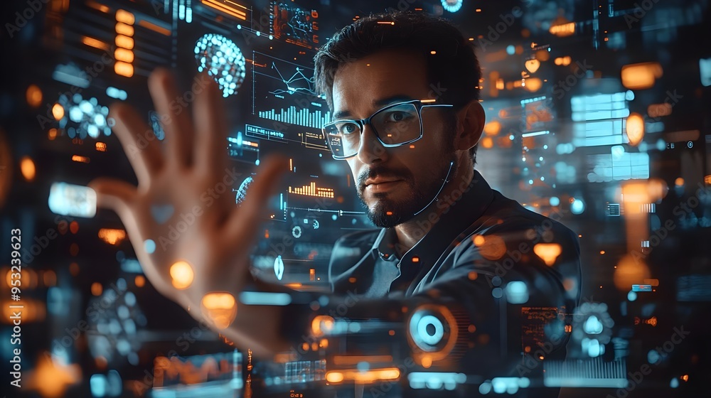 Poster man interacting with digital interface - futuristic technology