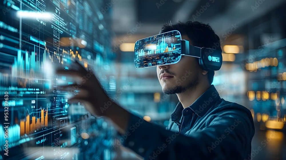 Poster man interacting with data visualization in virtual reality headset
