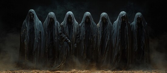 A haunting group of dark figures in cloaks, perfect for Halloween-themed designs with copy space.