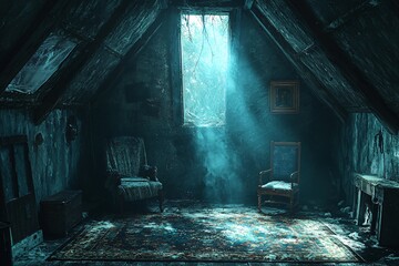 A spooky attic suggesting ghostly tales and haunted houses, ideal for Halloween-themed projects with copy space.