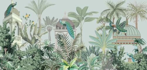 Traditional Mughal Garden, Dome, Peacock, Watercolor Background. © Sharif