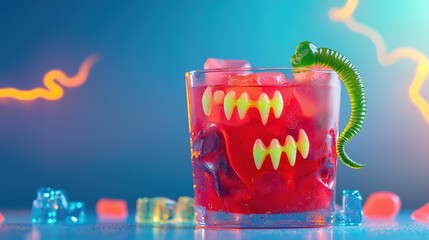 Halloween drink with gummy worm and vampire teeth decorations