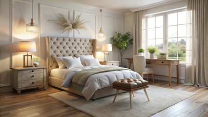 Cozy morning light illuminates a minimalist rustic oak desk within a creamy white bedroom suite featuring a plush tufted headboard and subtle industrial accents amidst soft pastels.
