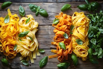 Colorful Pasta Arrangement with Fresh Basil Leaves - Rustic Wooden Background for Italian Cuisine Designs
