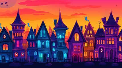 Fototapeta premium Spooky cartoon village at twilight with eerie orange sky