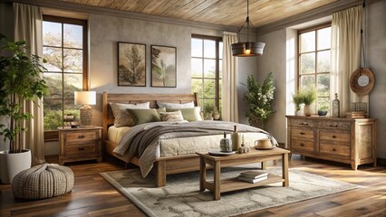 Cozy morning light rustic oak bedroom sanctuary neutral beige tones vintage distressed finishes natural textures organic abstract shapes soft focus cozy atmosphere.