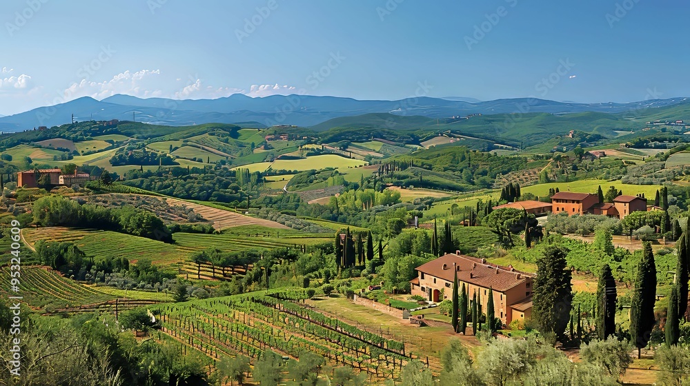 Wall mural Picturesque Tuscan Landscape with Rolling Hills, Vineyards, and a Farmhouse