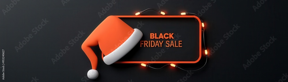 Wall mural black friday sale sign with a santa hat and christmas lights, holiday discount extravaganza, 3d illu