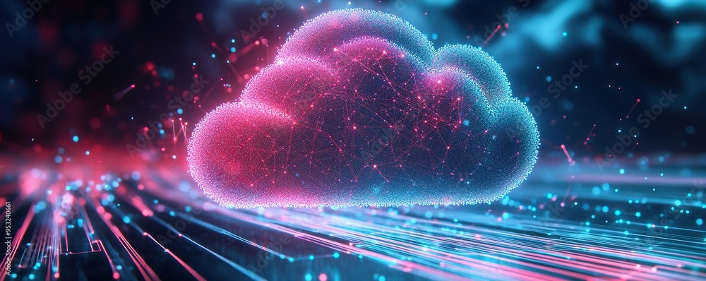 Poster abstract cloud computing network with glowing lines and particles