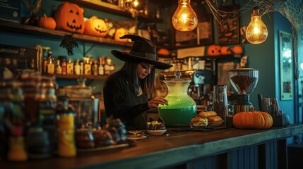 Witch making potion in spooky Halloween cafe
