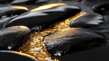 Golden liquid gently flowing over sleek black rocks, creating a serene, luxurious atmosphere with soft light reflections.
