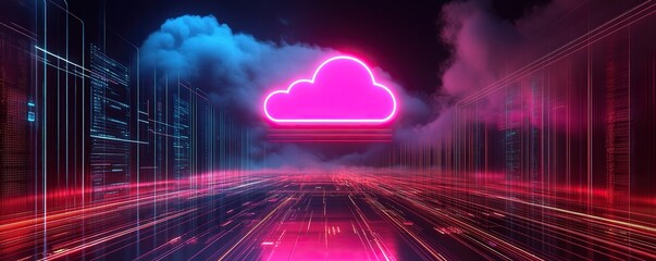Neon Cloud Symbol in a Futuristic Server Room