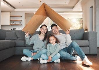 Insurance, family and portrait with cardboard for cover, protection and investment security at...