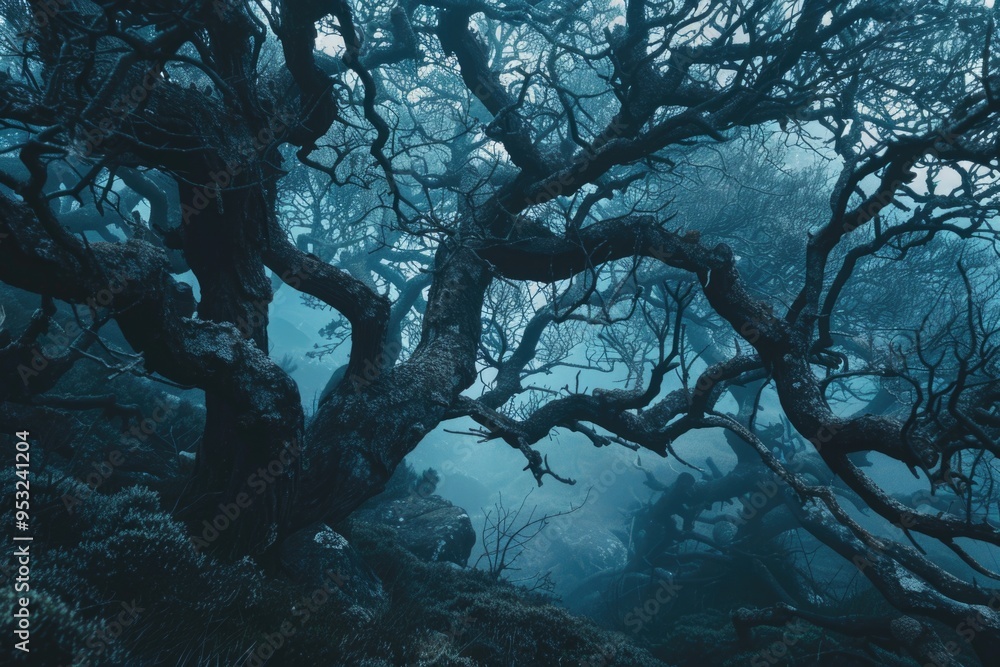 Poster a single tree stands alone in the center of a dense and mysterious forest